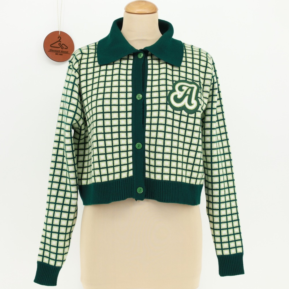 A Lot Studio Green Grid Cropped Varsity Cardigan Sweater Letterman Patch Medium - Picture 1 of 12